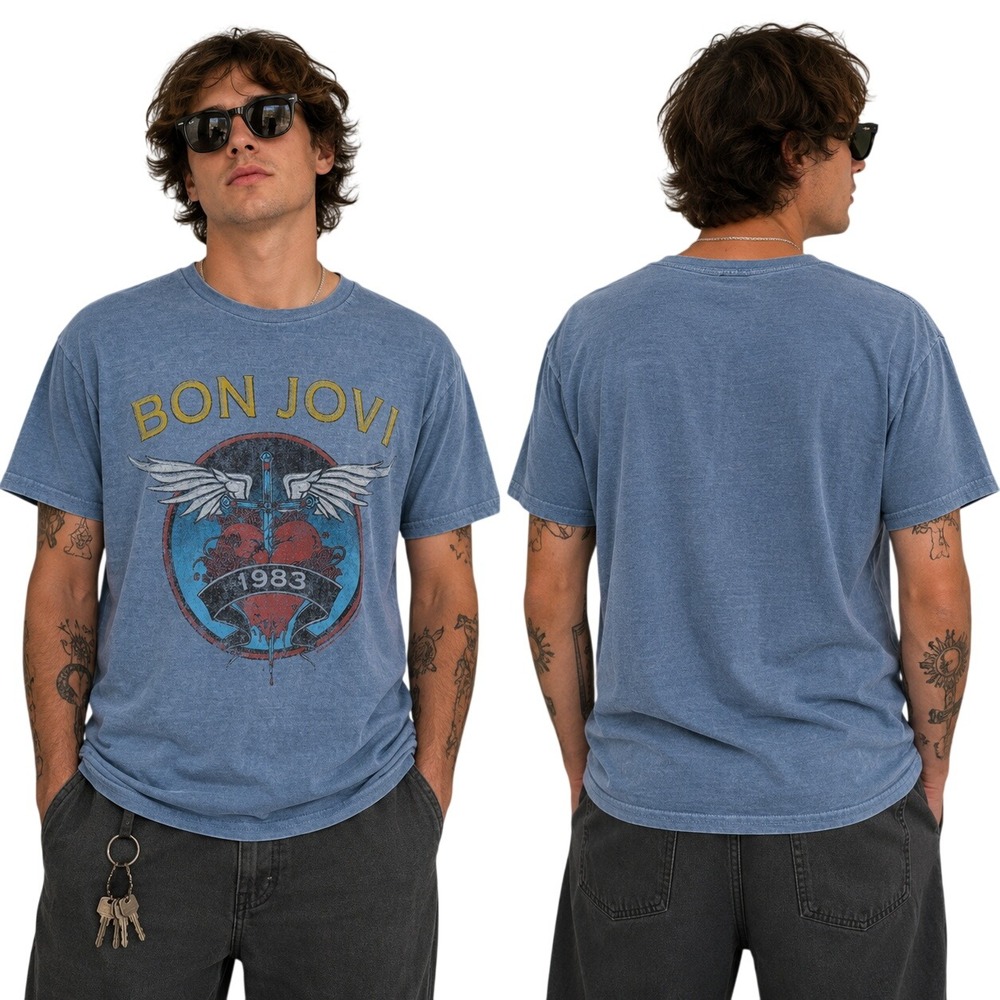 Bon Jovi Band T-Shirt Unisex Medium Blue Bon Jovi 1983 Graphic Band Tee NWOT